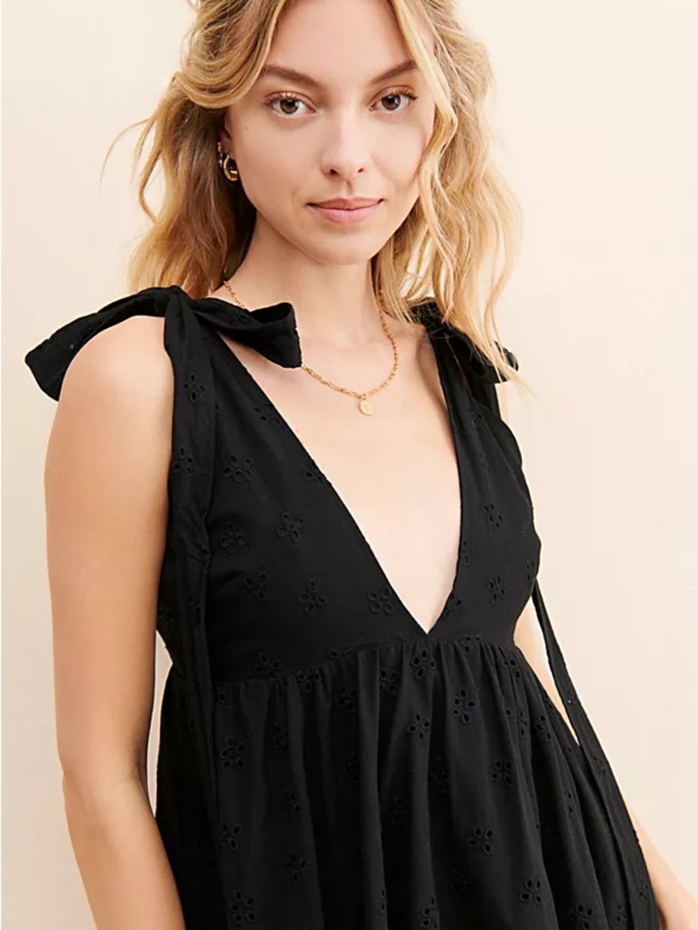 Allina Liu Tyr Midi Dress- Black Tie-Shoulder V-Neck Eyelet Sundress